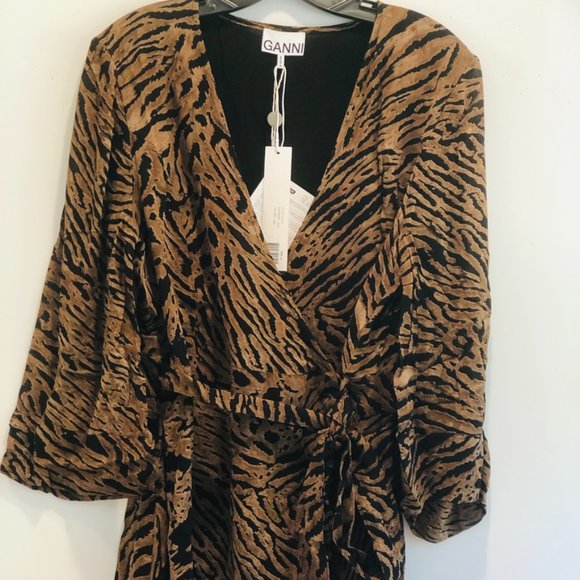 NWT GANNI MINI Georgette Wrap Dress, Tiger Pattern Size 12 (44) - Picture 14 of 14